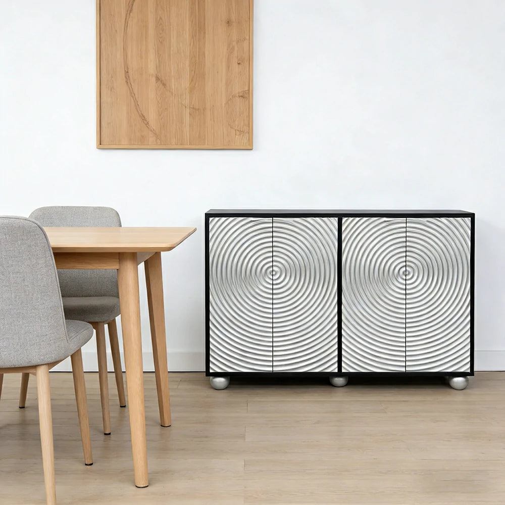 LIVARA Modern Four-Door Sideboard Cabinet - Wave Textured Storage - Durable MDF Construction - Matte Finish with Metallic Sphere Legs - Silver
