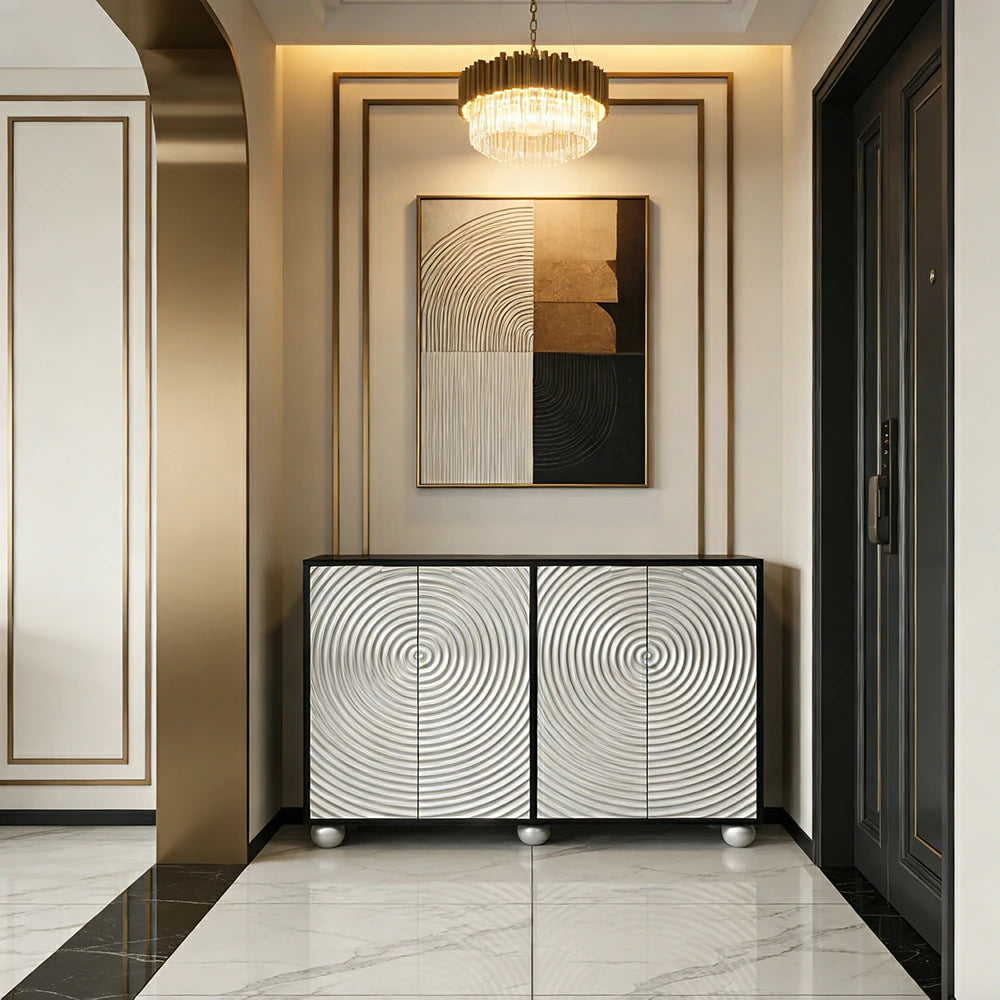 LIVARA Modern Four-Door Sideboard Cabinet - Wave Textured Storage - Durable MDF Construction - Matte Finish with Metallic Sphere Legs - Silver