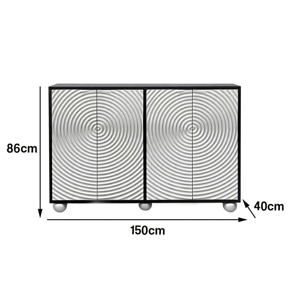 LIVARA Modern Four-Door Sideboard Cabinet - Wave Textured Storage - Durable MDF Construction - Matte Finish with Metallic Sphere Legs - Silver