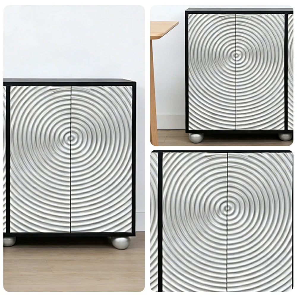 LIVARA Modern Four-Door Sideboard Cabinet - Wave Textured Storage - Durable MDF Construction - Matte Finish with Metallic Sphere Legs - Silver