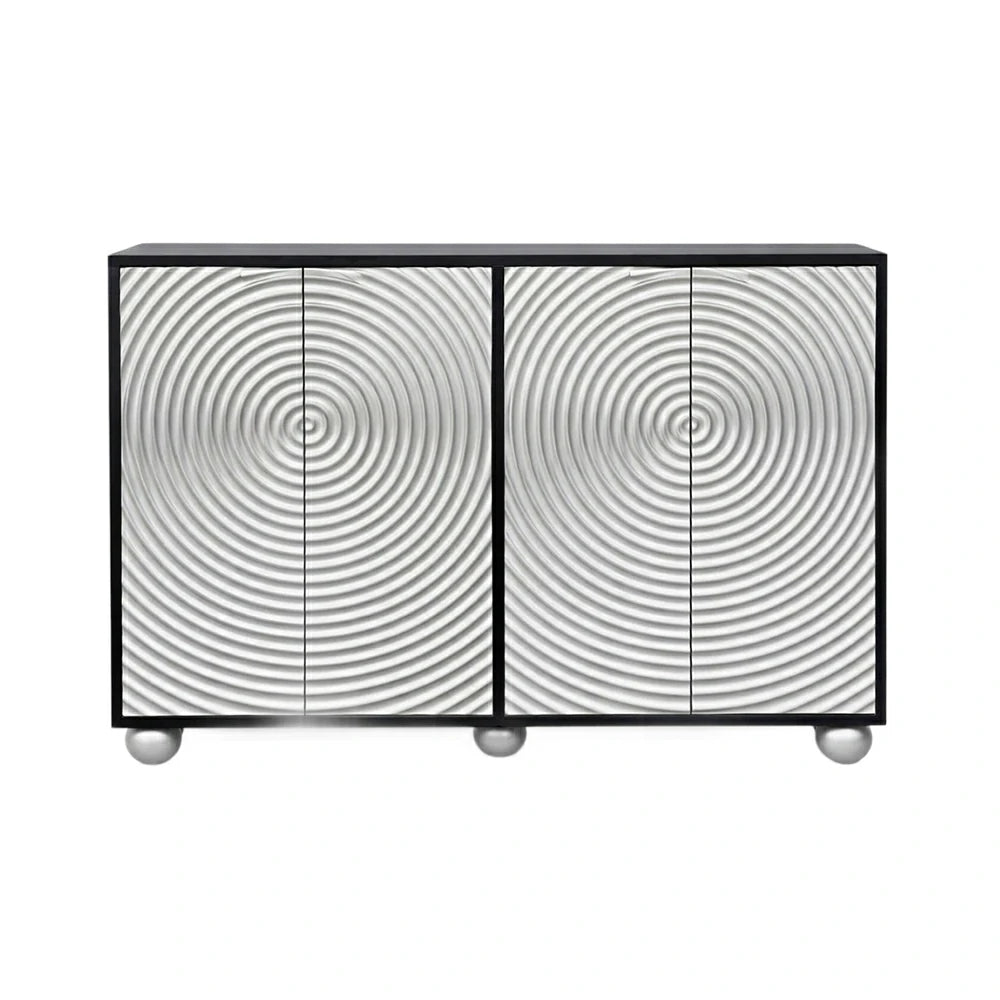 LIVARA Modern Four-Door Sideboard Cabinet - Wave Textured Storage - Durable MDF Construction - Matte Finish with Metallic Sphere Legs - Silver