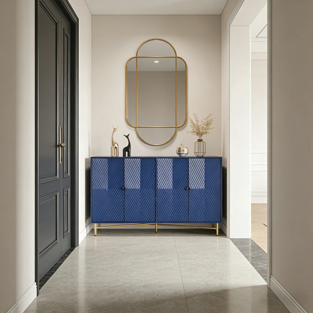 LIVARA Modern Four-Door Sideboard Cabinet - Wave Textured Storage - Durable MDF Construction - Matte Finish with Metallic Sphere Legs - Blue