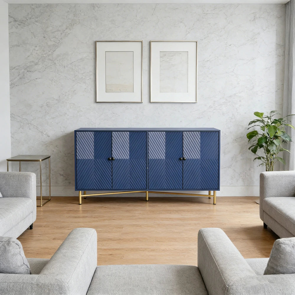 LIVARA Modern Four-Door Sideboard Cabinet - Wave Textured Storage - Durable MDF Construction - Matte Finish with Metallic Sphere Legs - Blue