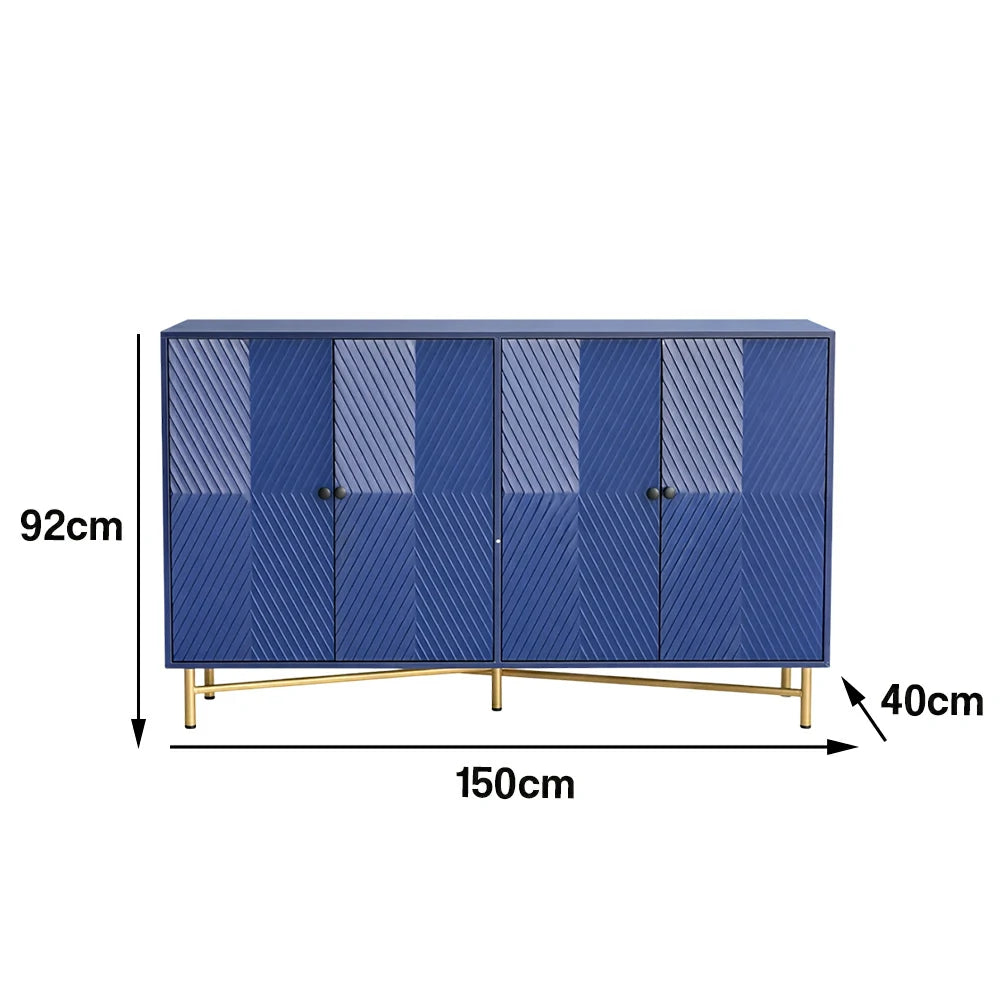 LIVARA Modern Four-Door Sideboard Cabinet - Wave Textured Storage - Durable MDF Construction - Matte Finish with Metallic Sphere Legs - Blue