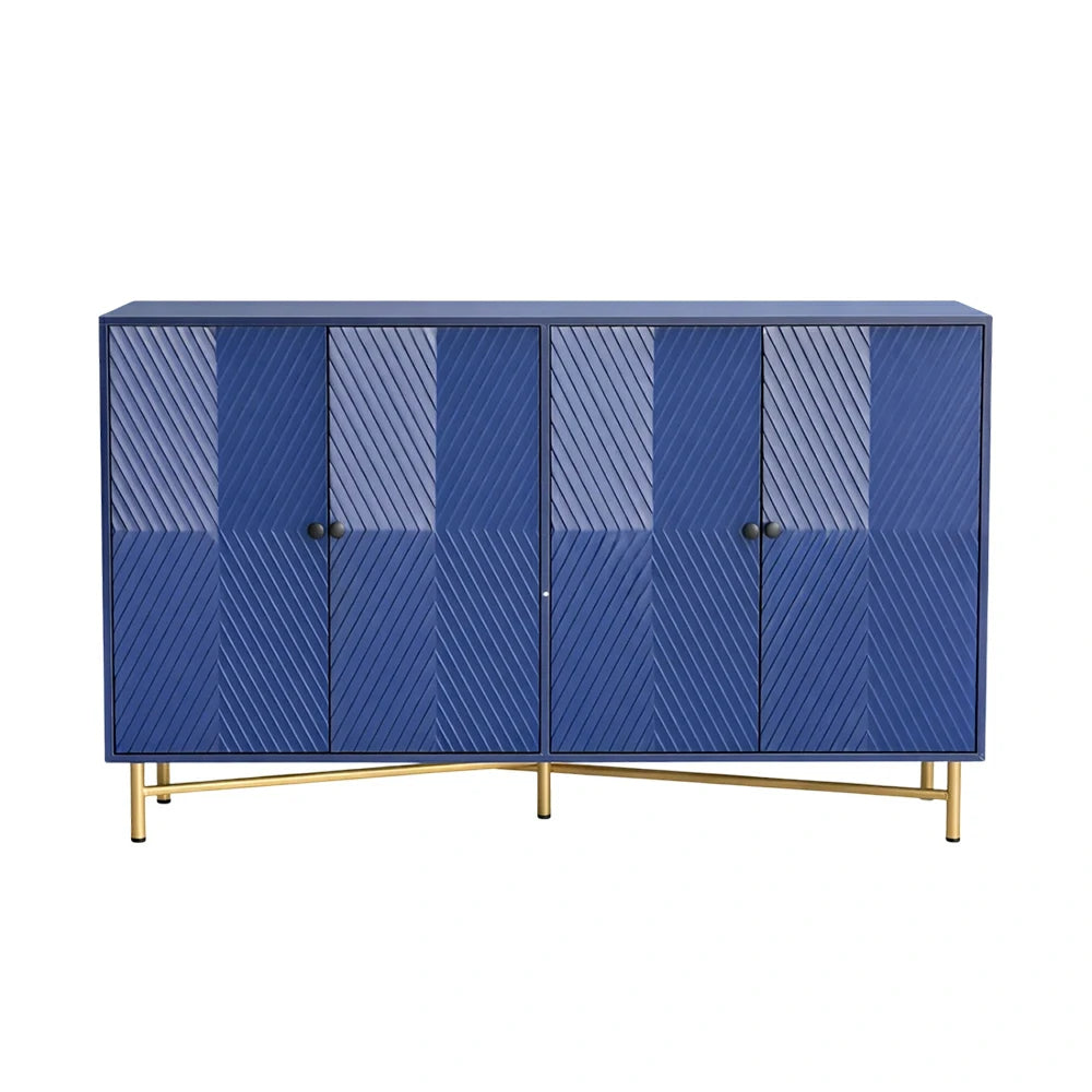 LIVARA Modern Four-Door Sideboard Cabinet - Wave Textured Storage - Durable MDF Construction - Matte Finish with Metallic Sphere Legs - Blue