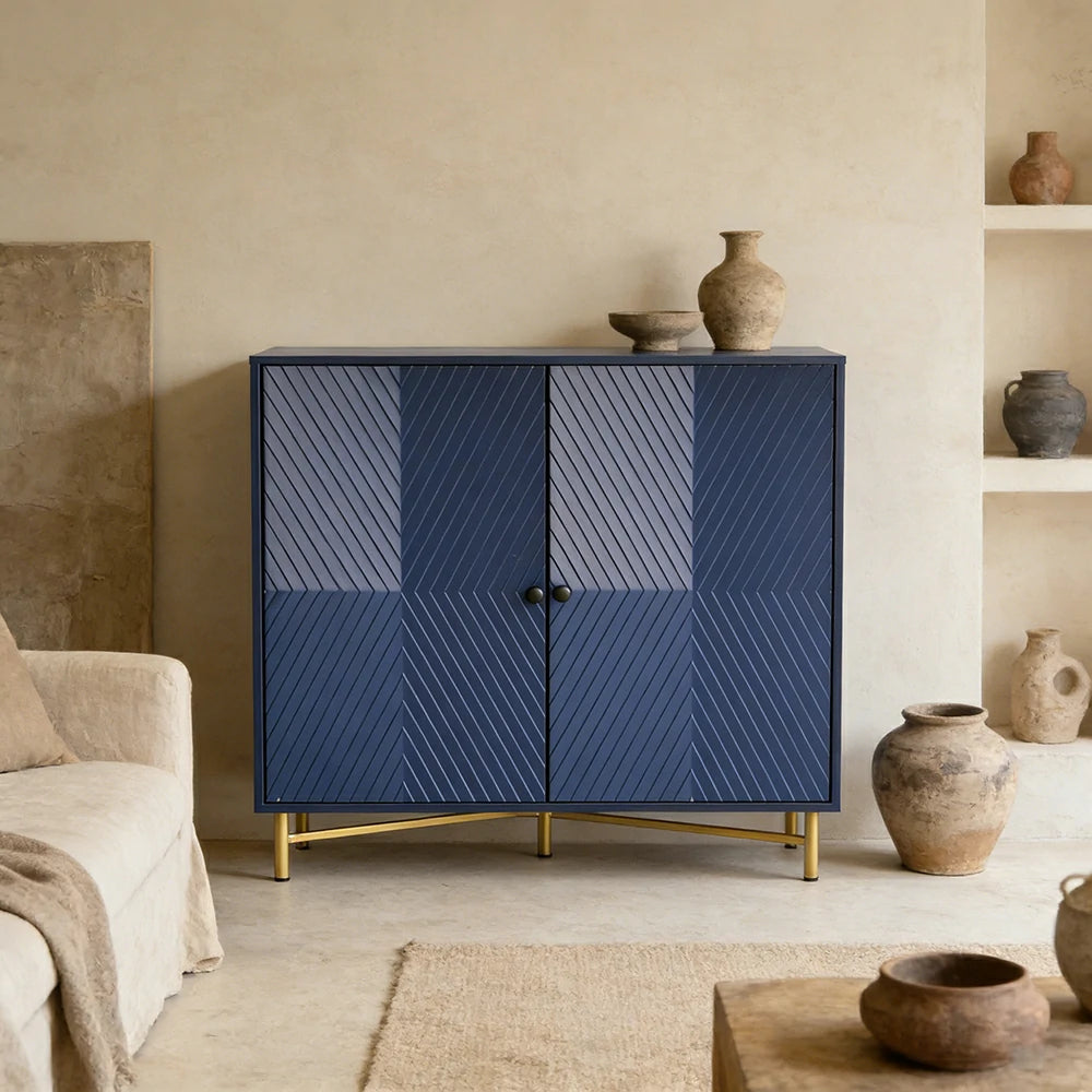 LIVARA Modern Two-Door Sideboard Cabinet - Wave Textured Storage - Durable MDF Construction - Matte Finish with Metallic Sphere Legs - Blue