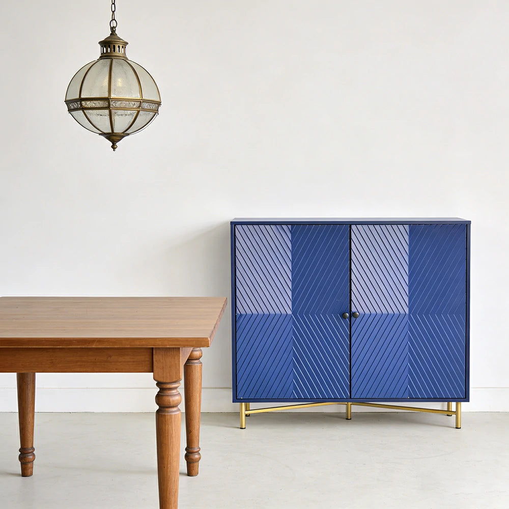 LIVARA Modern Two-Door Sideboard Cabinet - Wave Textured Storage - Durable MDF Construction - Matte Finish with Metallic Sphere Legs - Blue