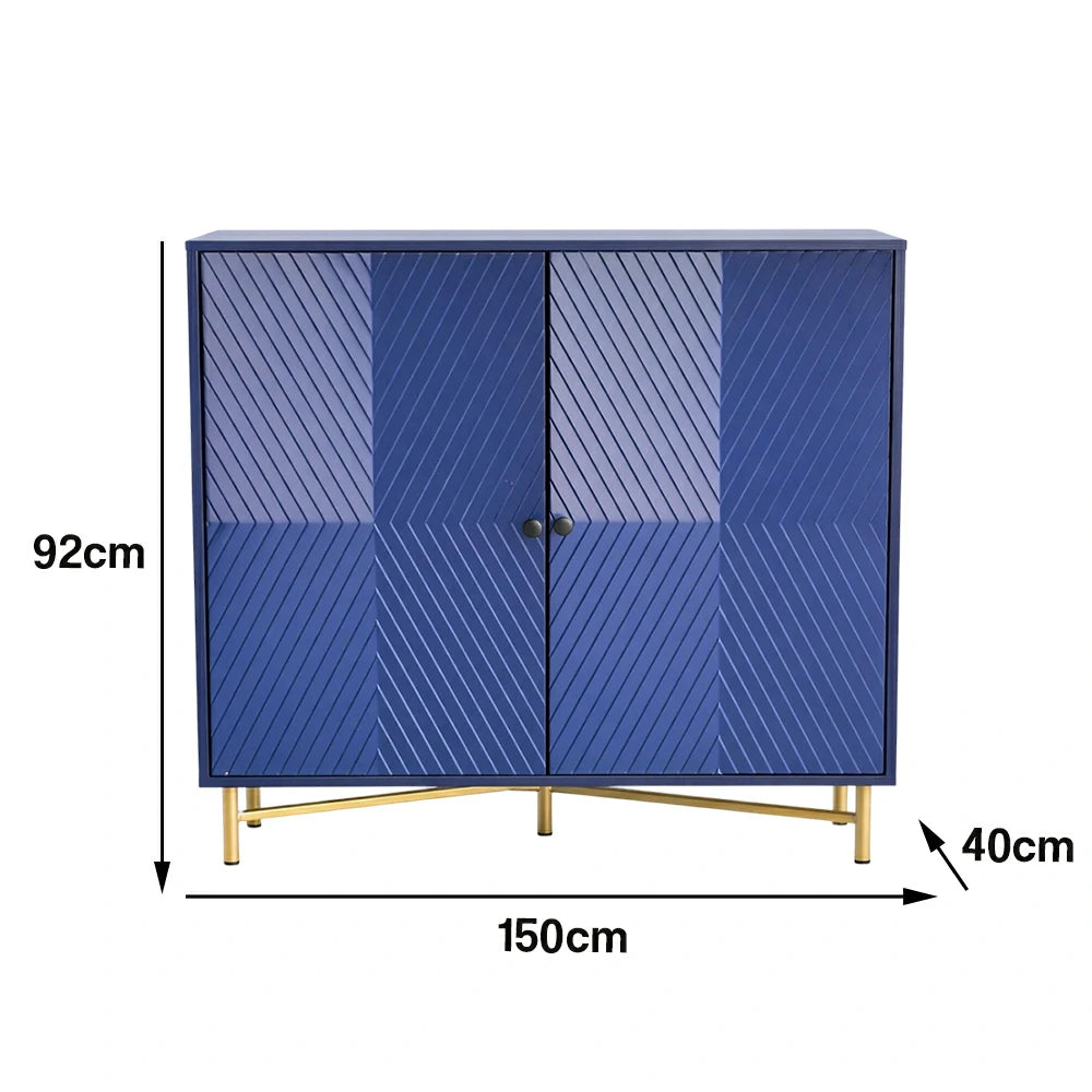 LIVARA Modern Two-Door Sideboard Cabinet - Wave Textured Storage - Durable MDF Construction - Matte Finish with Metallic Sphere Legs - Blue