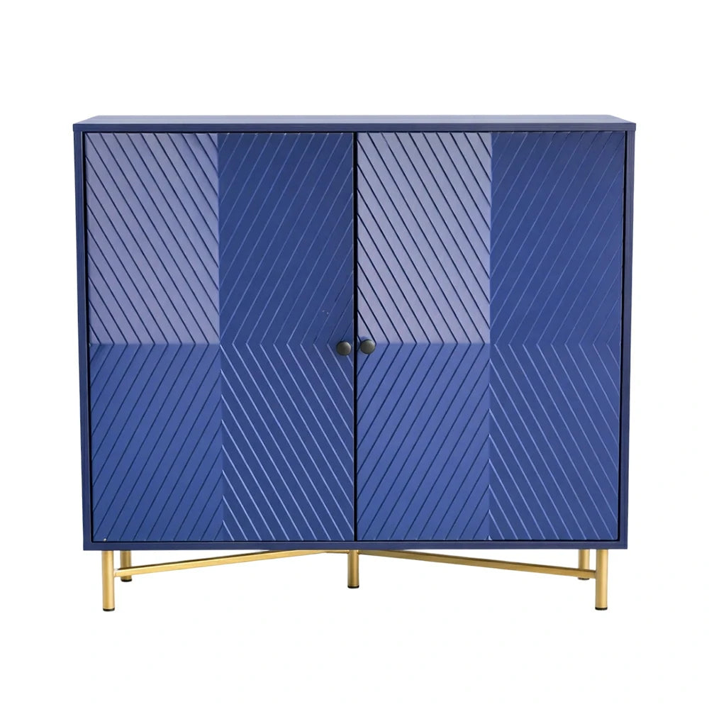 LIVARA Modern Two-Door Sideboard Cabinet - Wave Textured Storage - Durable MDF Construction - Matte Finish with Metallic Sphere Legs - Blue