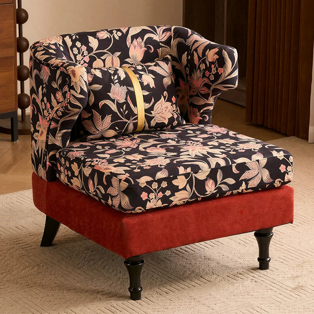 LIVARA Floral Dutch Velvet & Red Cotton Linen Sofa - Retro Living Room Lounge Couch - Gilded Floral Red