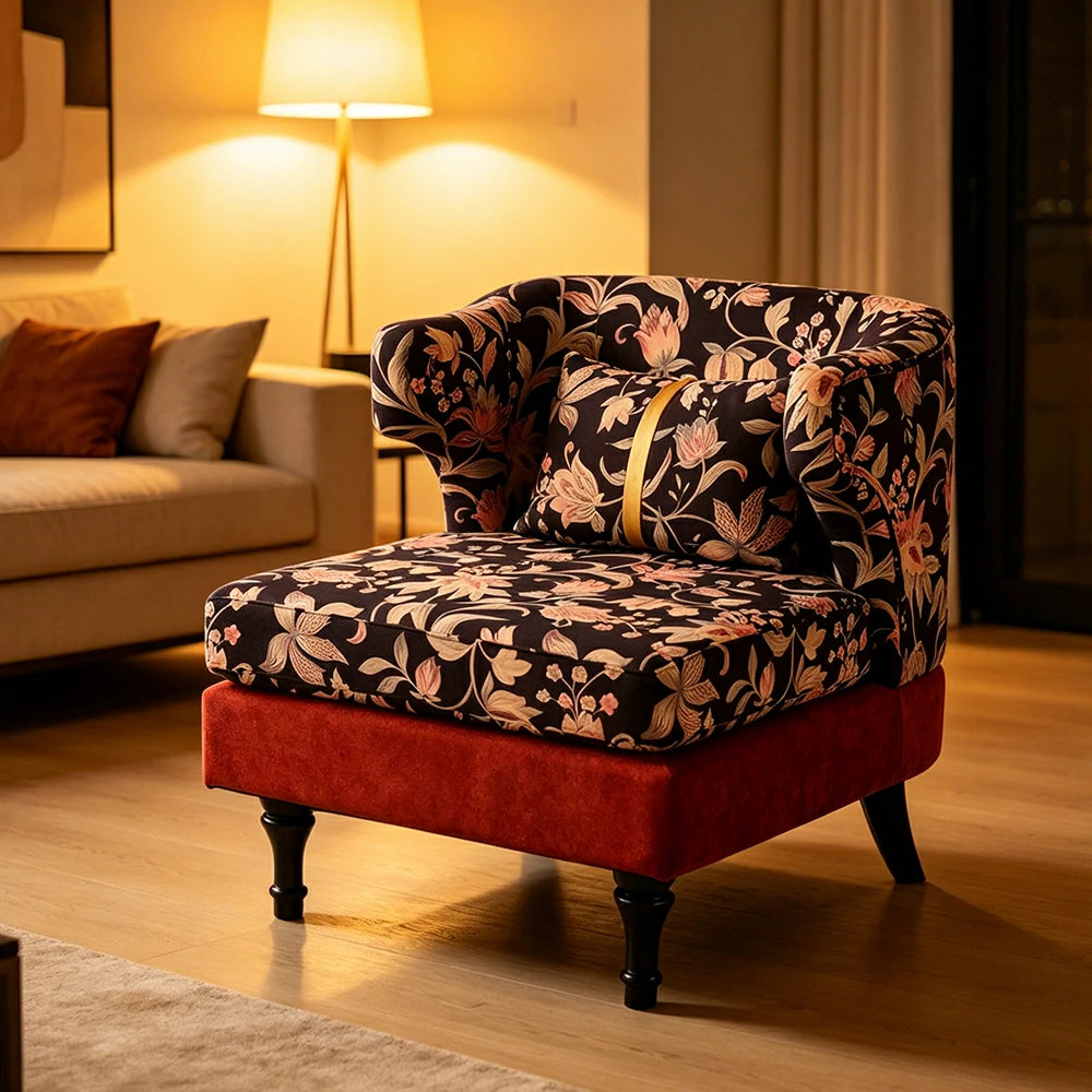 LIVARA Floral Dutch Velvet & Red Cotton Linen Sofa - Retro Living Room Lounge Couch - Gilded Floral Red