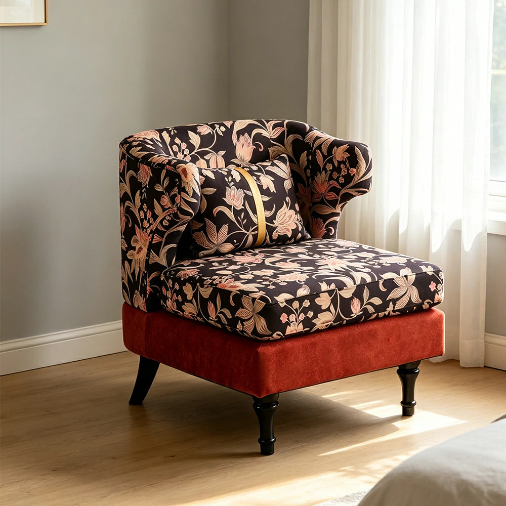 LIVARA Floral Dutch Velvet & Red Cotton Linen Sofa - Retro Living Room Lounge Couch - Gilded Floral Red