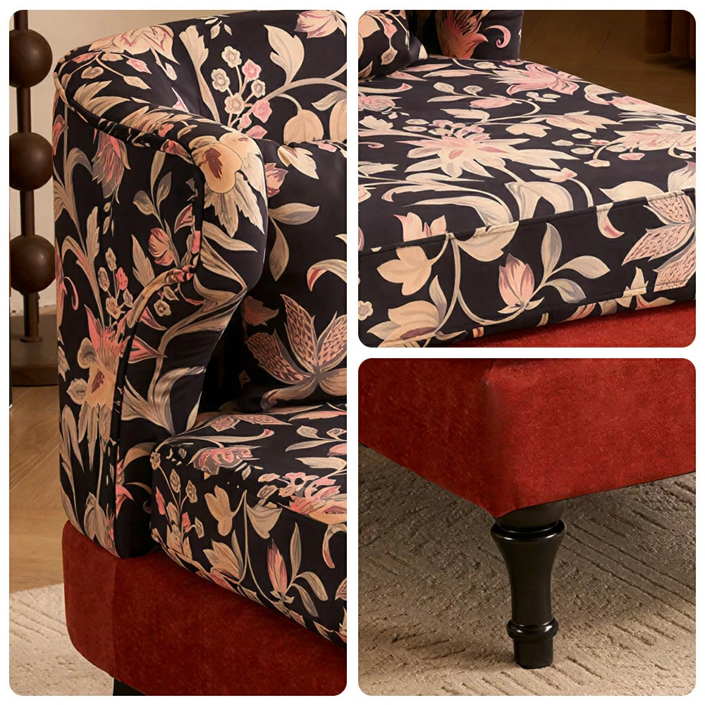 LIVARA Floral Dutch Velvet & Red Cotton Linen Sofa - Retro Living Room Lounge Couch - Gilded Floral Red