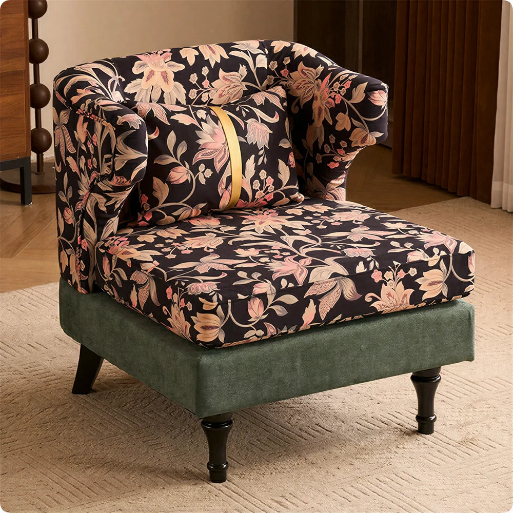LIVARA Floral Dutch Velvet & Green Cotton Linen Lounge Chair - Vintage Living Room Accent Chair - Gilded Floral Green