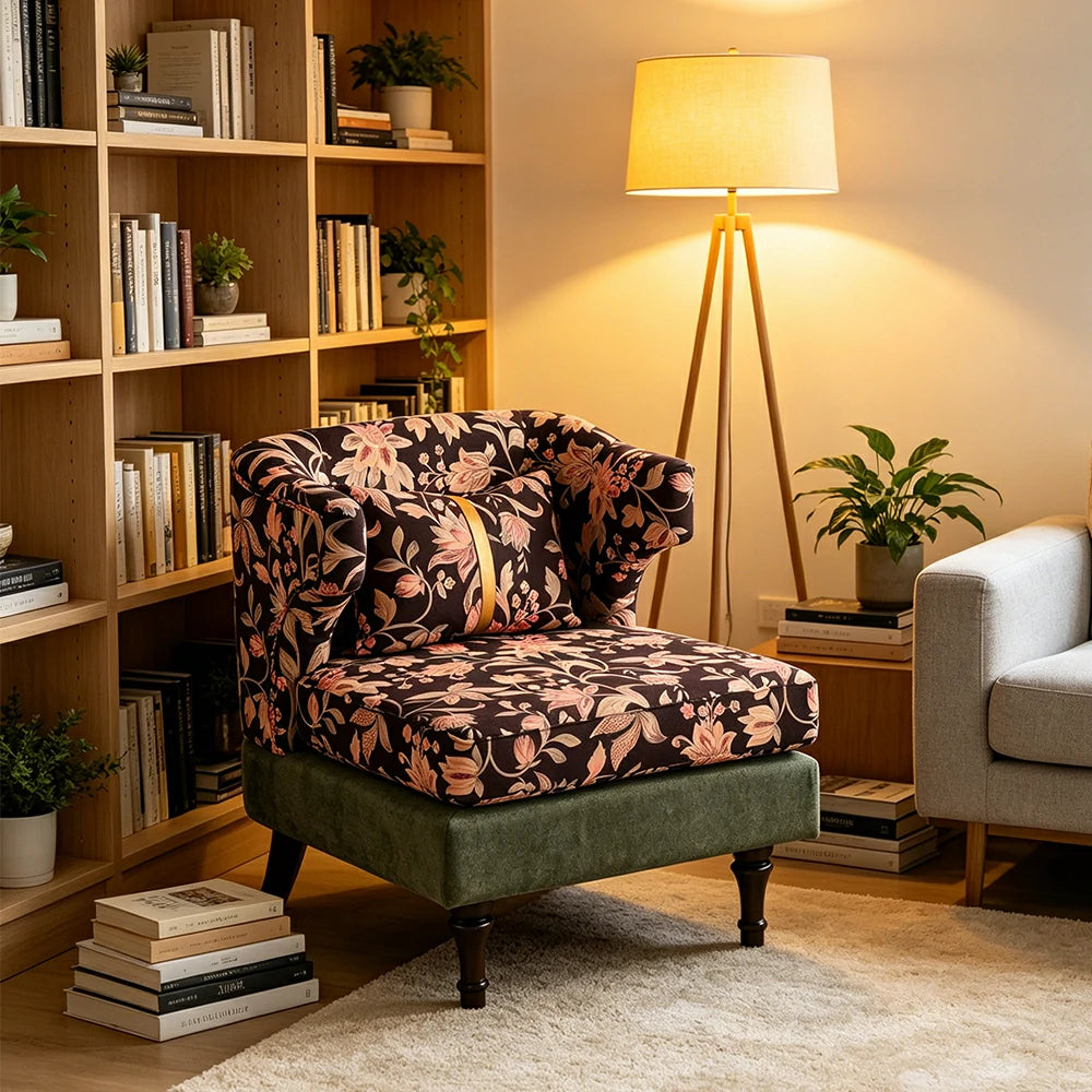 LIVARA Floral Dutch Velvet & Green Cotton Linen Lounge Chair - Vintage Living Room Accent Chair - Gilded Floral Green