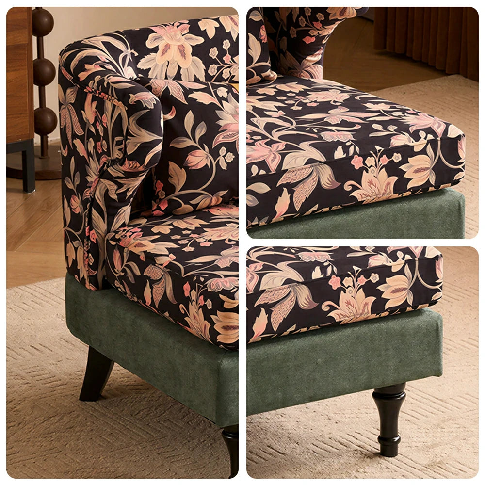 LIVARA Floral Dutch Velvet & Green Cotton Linen Lounge Chair - Vintage Living Room Accent Chair - Gilded Floral Green