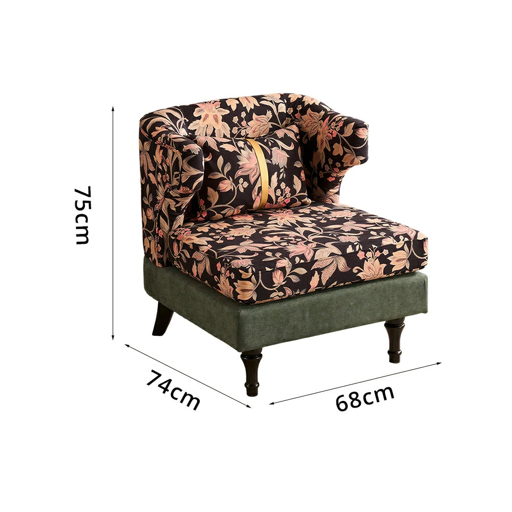 LIVARA Floral Dutch Velvet & Green Cotton Linen Lounge Chair - Vintage Living Room Accent Chair - Gilded Floral Green