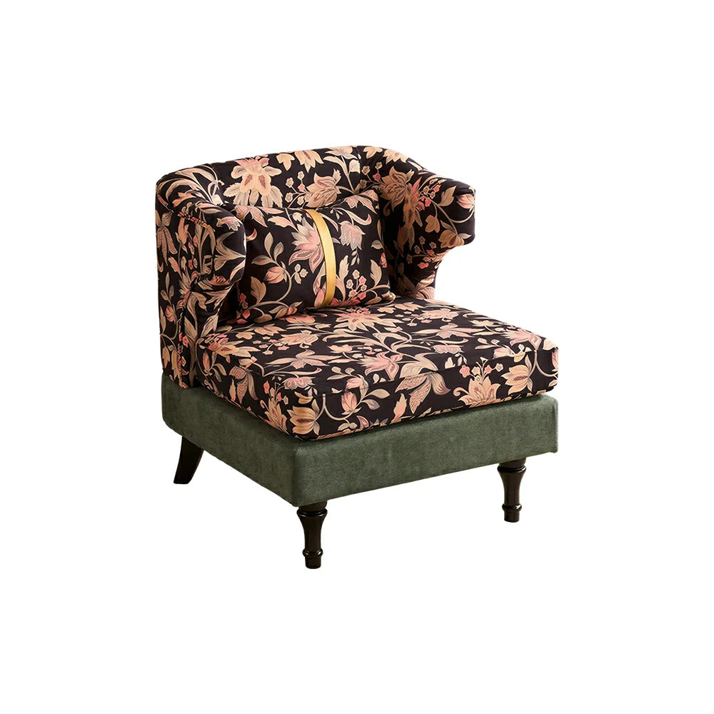 LIVARA Floral Dutch Velvet & Green Cotton Linen Lounge Chair - Vintage Living Room Accent Chair - Gilded Floral Green