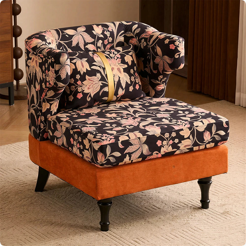 LIVARA Floral Dutch Velvet & Green Cotton Linen Lounge Chair - Vintage Living Room Accent Chair - Gilded Floral Orange