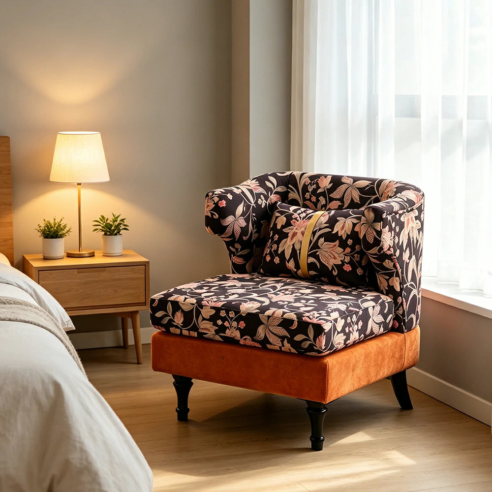 LIVARA Floral Dutch Velvet & Green Cotton Linen Lounge Chair - Vintage Living Room Accent Chair - Gilded Floral Orange