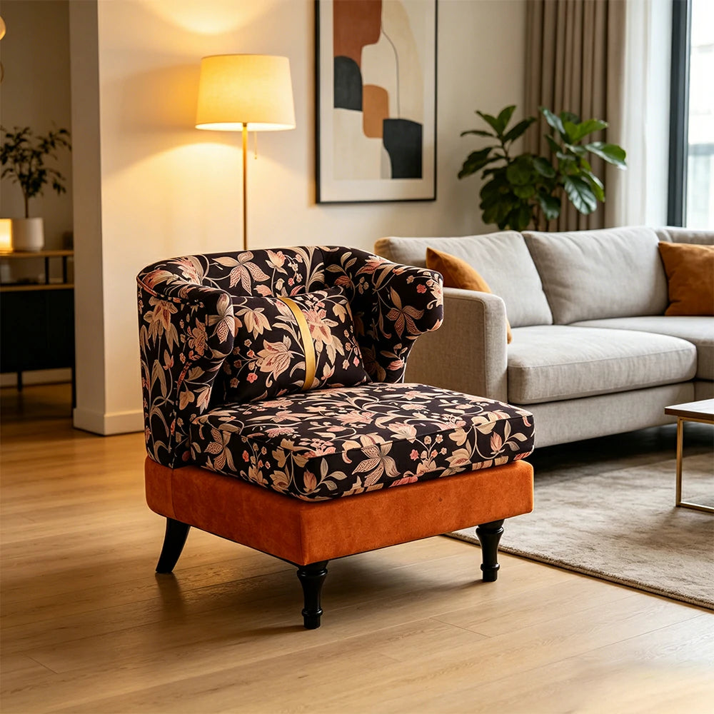 LIVARA Floral Dutch Velvet & Green Cotton Linen Lounge Chair - Vintage Living Room Accent Chair - Gilded Floral Orange