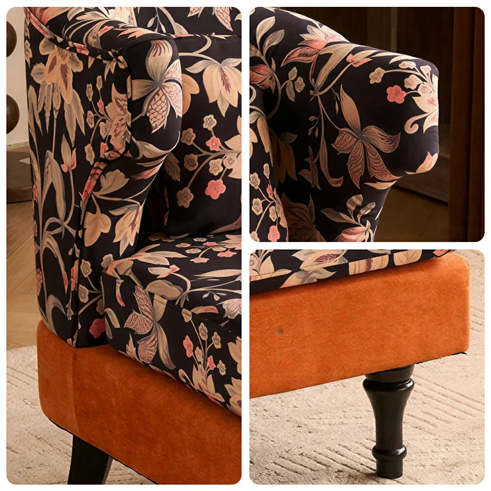 LIVARA Floral Dutch Velvet & Green Cotton Linen Lounge Chair - Vintage Living Room Accent Chair - Gilded Floral Orange