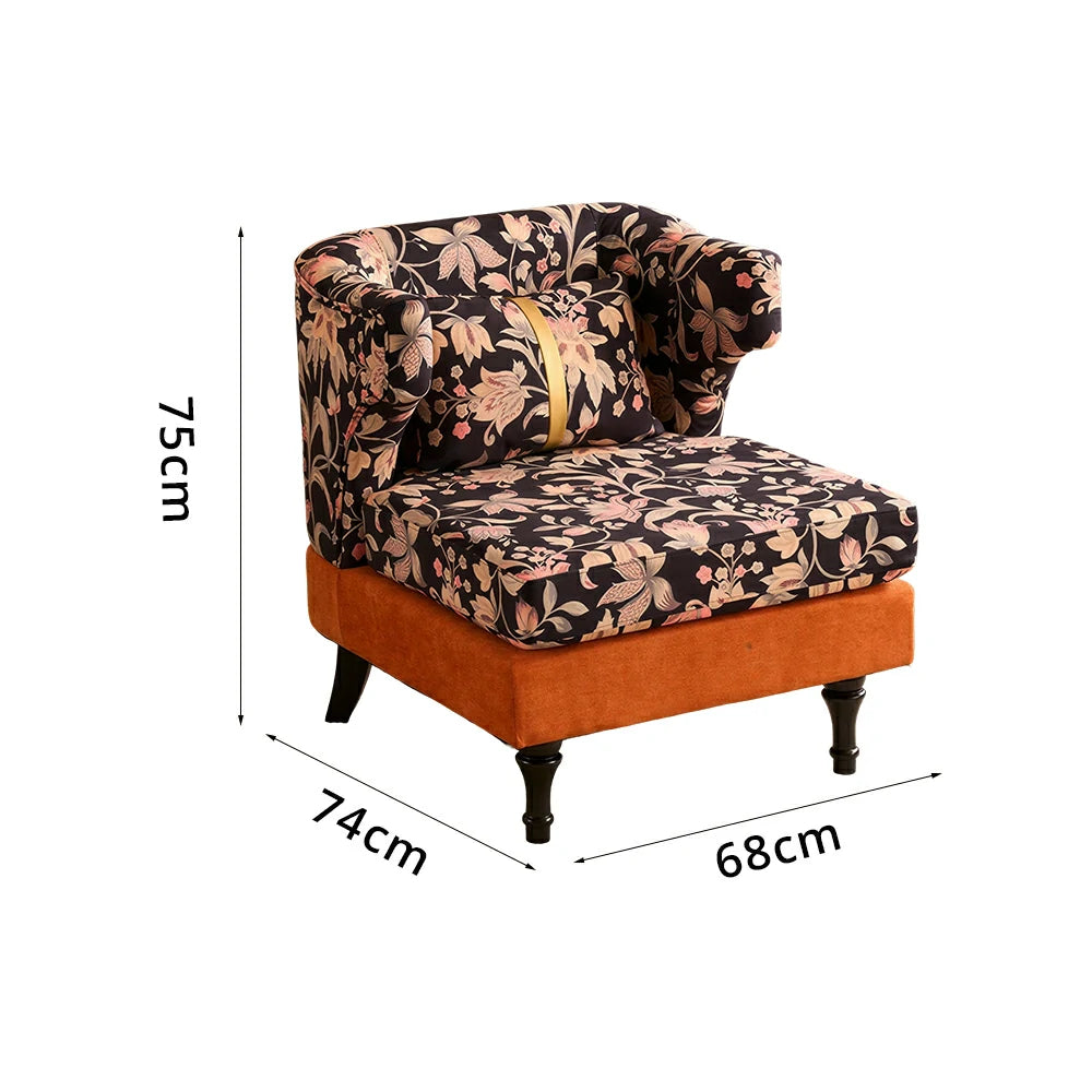 LIVARA Floral Dutch Velvet & Green Cotton Linen Lounge Chair - Vintage Living Room Accent Chair - Gilded Floral Orange