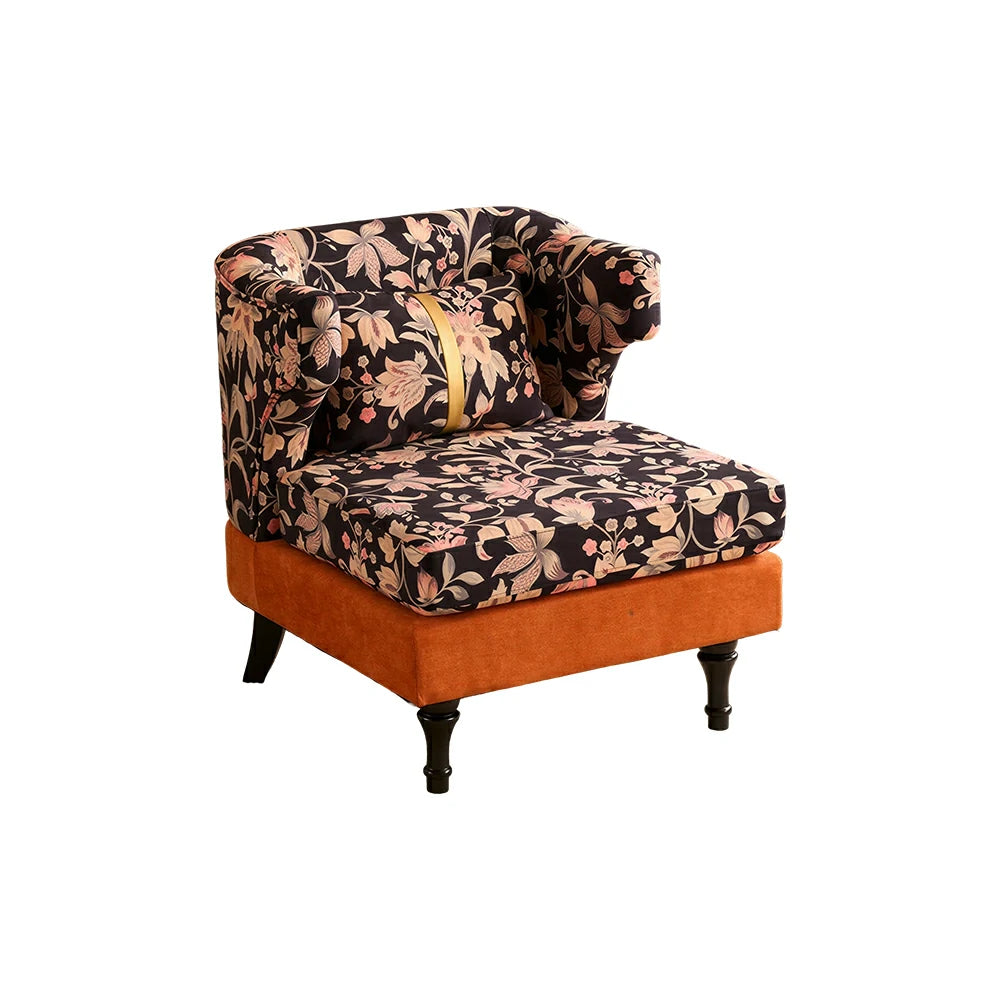 LIVARA Floral Dutch Velvet & Green Cotton Linen Lounge Chair - Vintage Living Room Accent Chair - Gilded Floral Orange