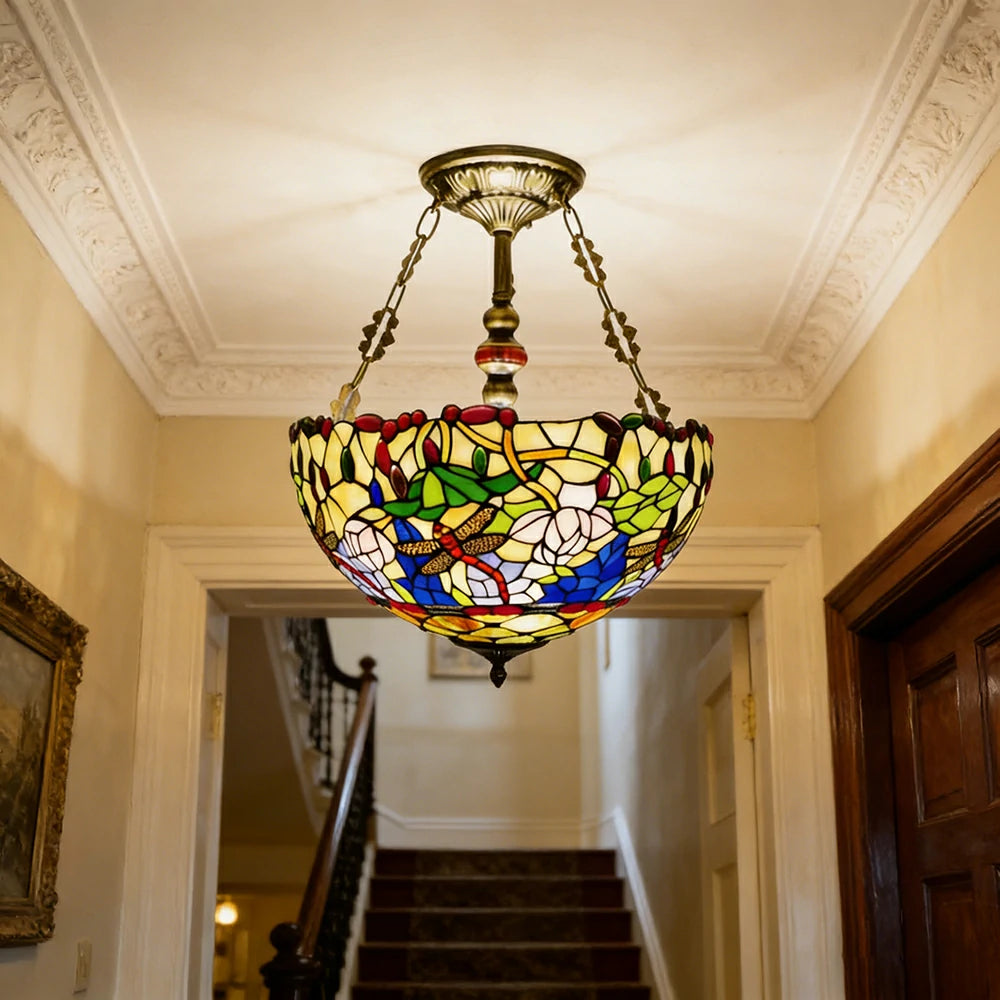 LIVARA European Vintage Stained Glass Chandelier Handcrafted Multi-Light Design 46cm Bedroom Dining Hallway Staircase