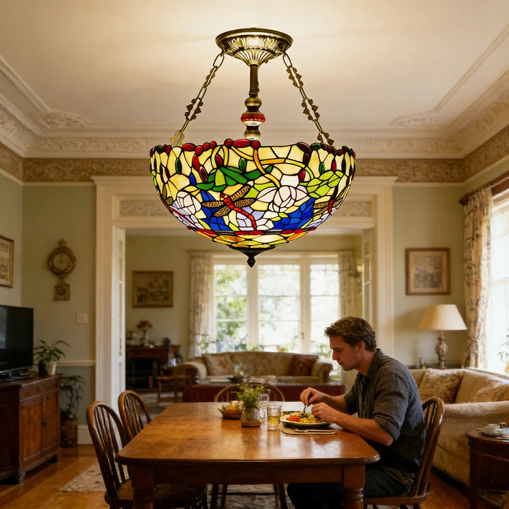 LIVARA European Vintage Stained Glass Chandelier Handcrafted Multi-Light Design 46cm Bedroom Dining Hallway Staircase