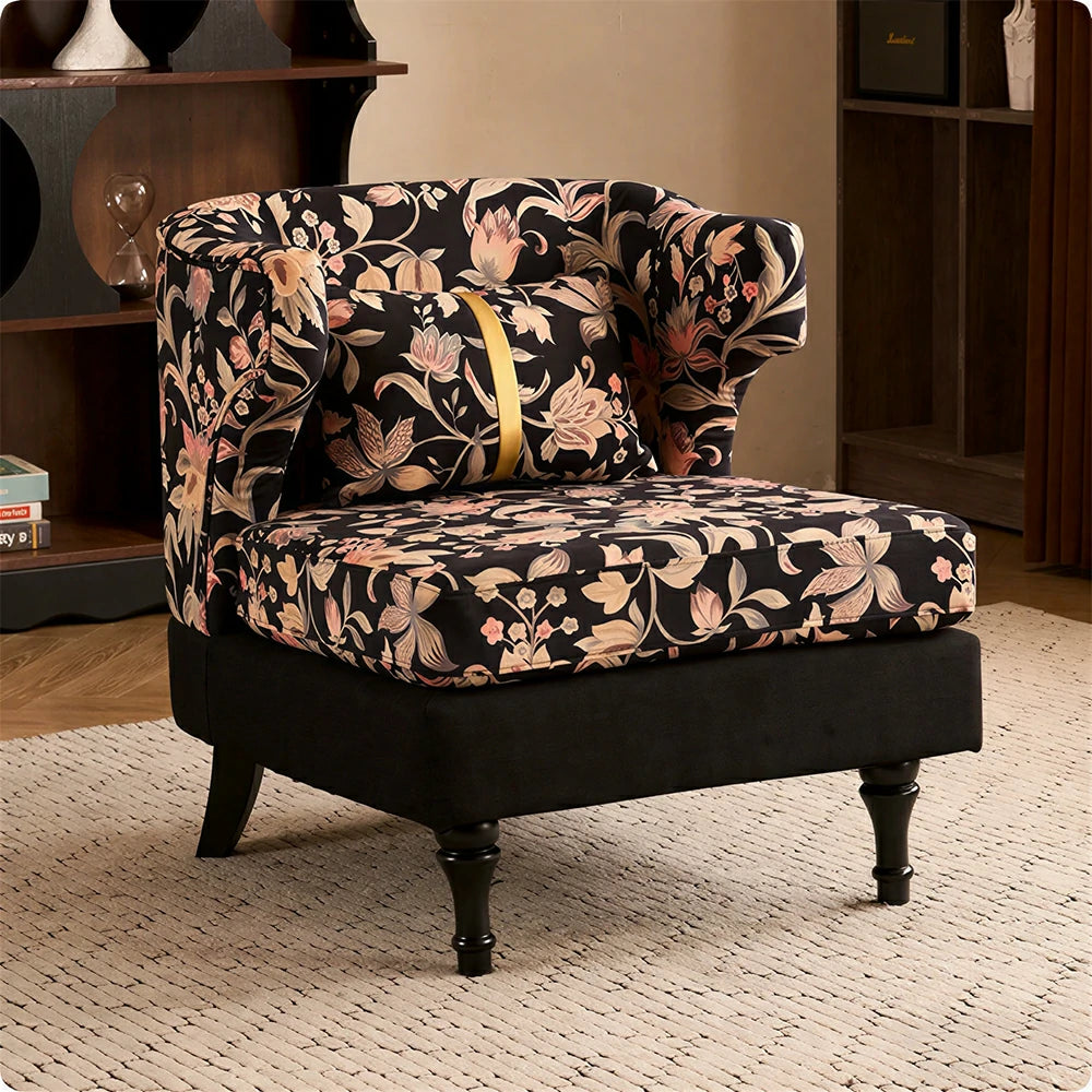 LIVARA Floral Dutch Velvet & Green Cotton Linen Lounge Chair - Vintage Living Room Accent Chair - Gilded Floral Black