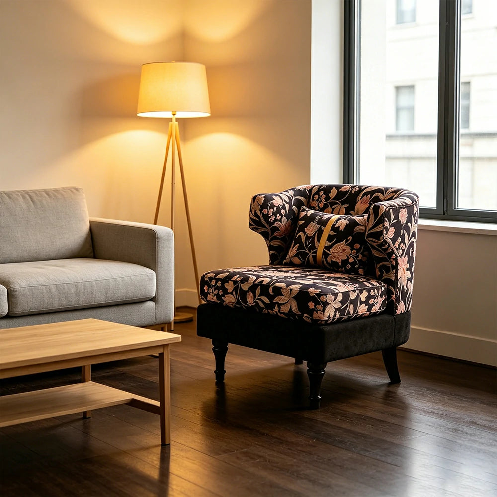 LIVARA Floral Dutch Velvet & Green Cotton Linen Lounge Chair - Vintage Living Room Accent Chair - Gilded Floral Black