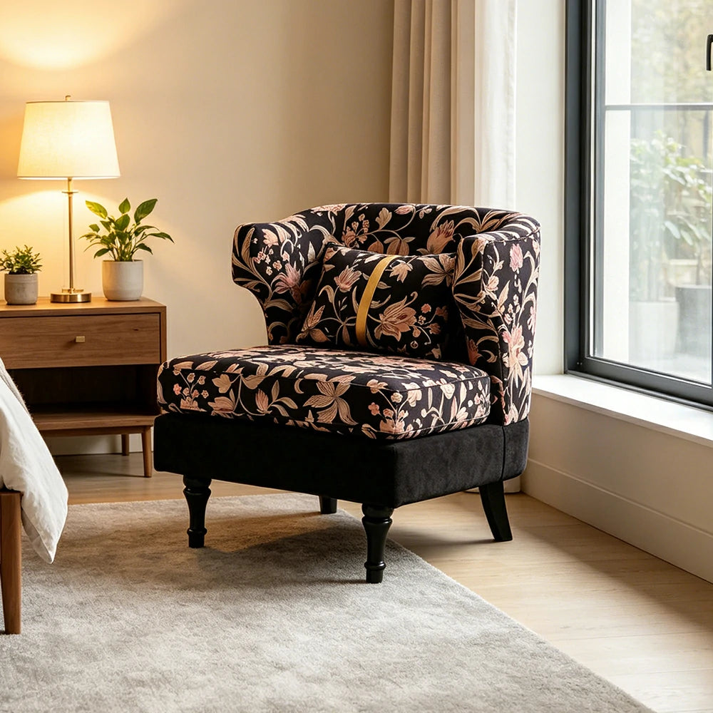 LIVARA Floral Dutch Velvet & Green Cotton Linen Lounge Chair - Vintage Living Room Accent Chair - Gilded Floral Black