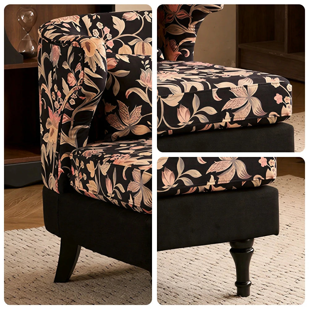 LIVARA Floral Dutch Velvet & Green Cotton Linen Lounge Chair - Vintage Living Room Accent Chair - Gilded Floral Black