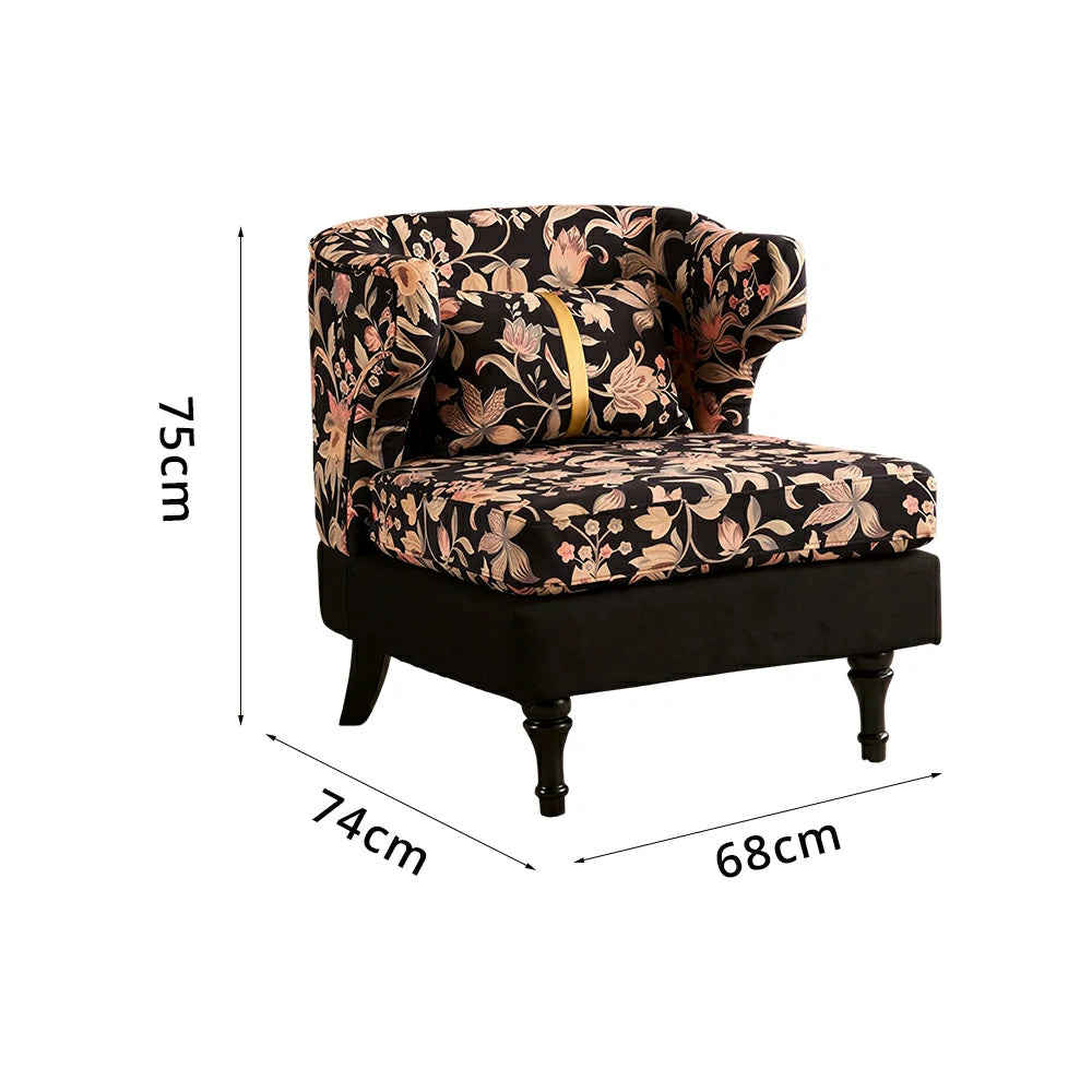 LIVARA Floral Dutch Velvet & Green Cotton Linen Lounge Chair - Vintage Living Room Accent Chair - Gilded Floral Black