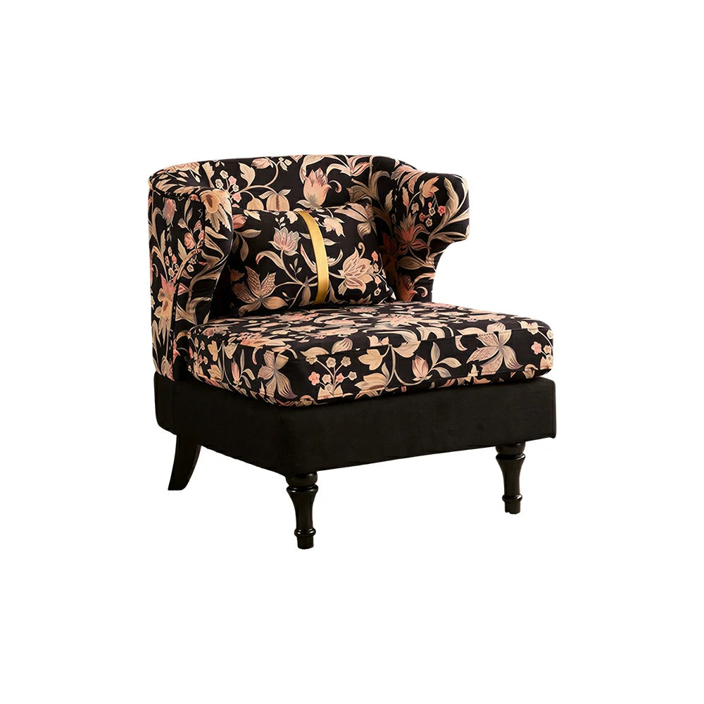 LIVARA Floral Dutch Velvet & Green Cotton Linen Lounge Chair - Vintage Living Room Accent Chair - Gilded Floral Black