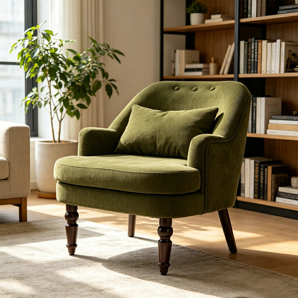 LIVARA Corduroy Sofa - Retro Living Room Lounge Couch - Vintage Green