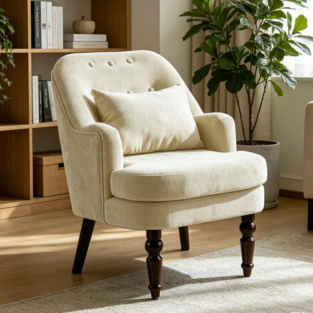 LIVARA Corduroy Sofa - Retro Living Room Lounge Couch - Vintage White