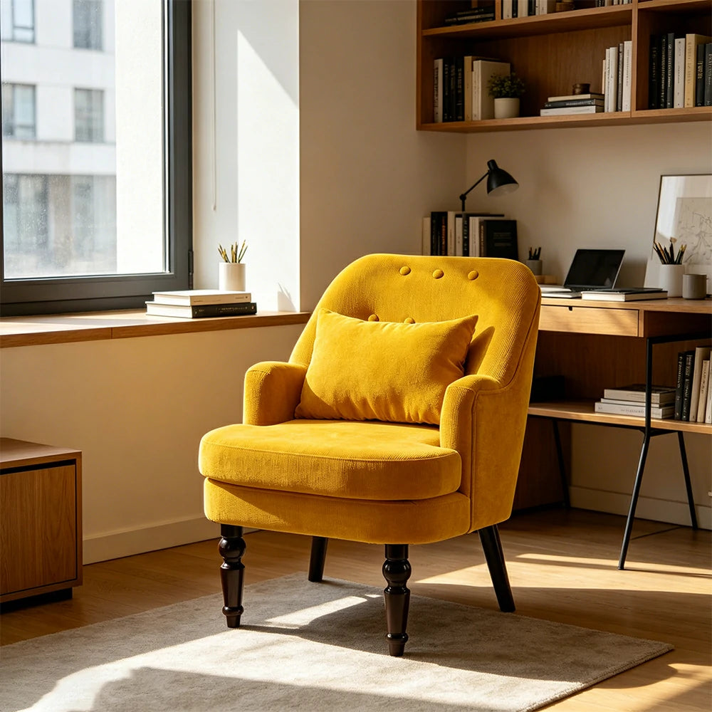 LIVARA Corduroy Sofa - Retro Living Room Lounge Couch - Vintage Yellow