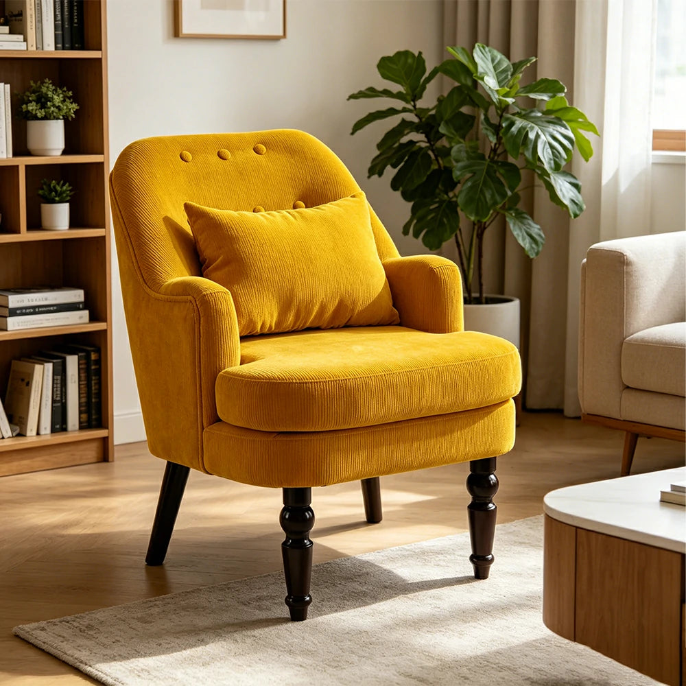 LIVARA Corduroy Sofa - Retro Living Room Lounge Couch - Vintage Yellow