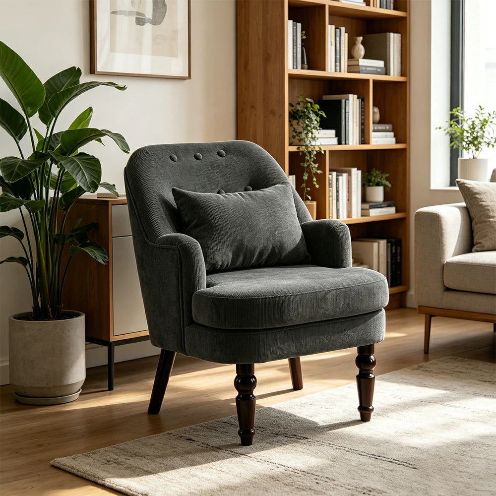 LIVARA Corduroy Sofa - Retro Living Room Lounge Couch - Vintage Grey