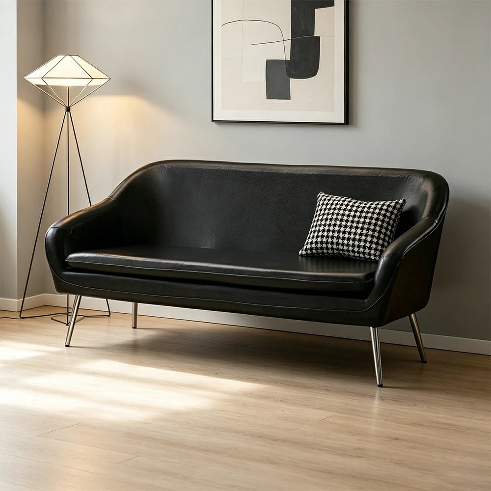 LIVARA Waxed Leather Sofa - Classic Living Room Lounge Couch - Classic Black