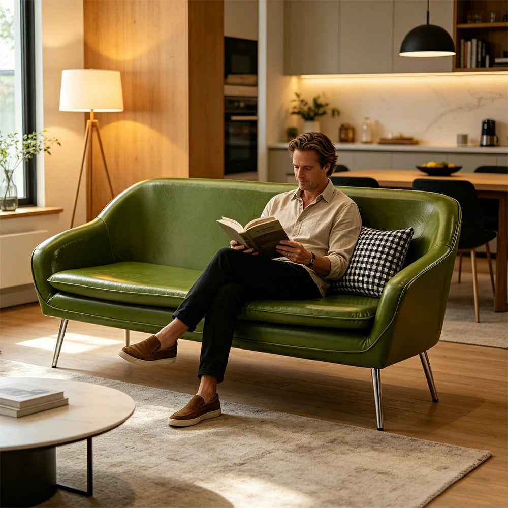 LIVARA Waxed Leather Sofa - Classic Living Room Lounge Couch - Green