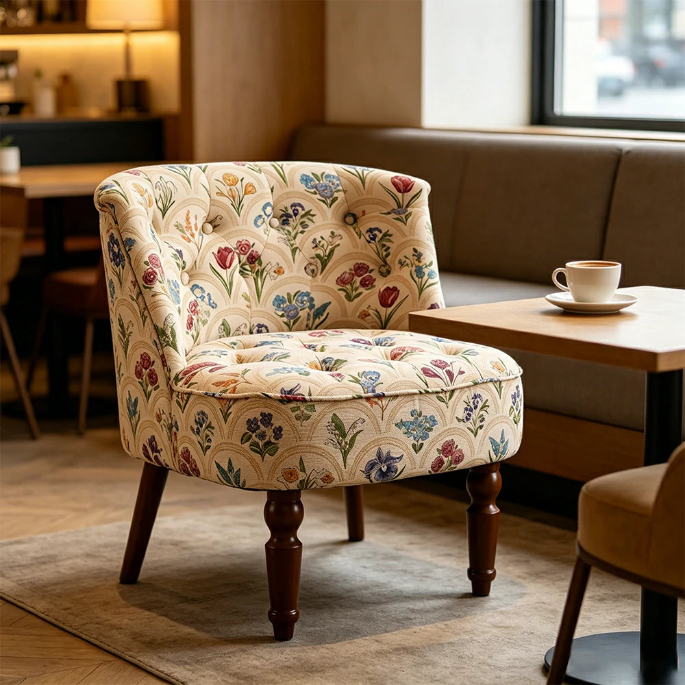 LIVARA Cotton Linen Accent Chair - Breathable Floral Single Sofa for Living Room - Blue Floral