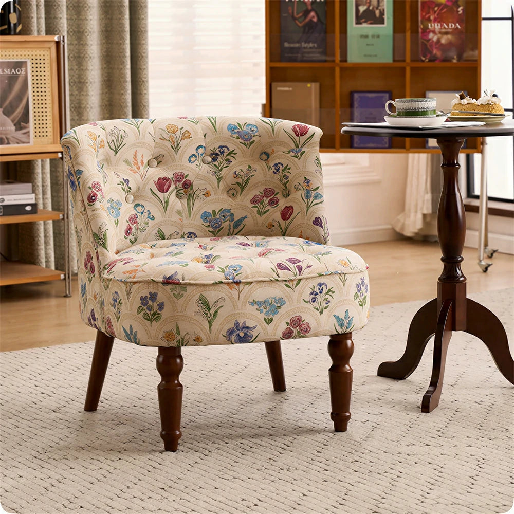 LIVARA Cotton Linen Accent Chair - Breathable Floral Single Sofa for Living Room - Blue Floral