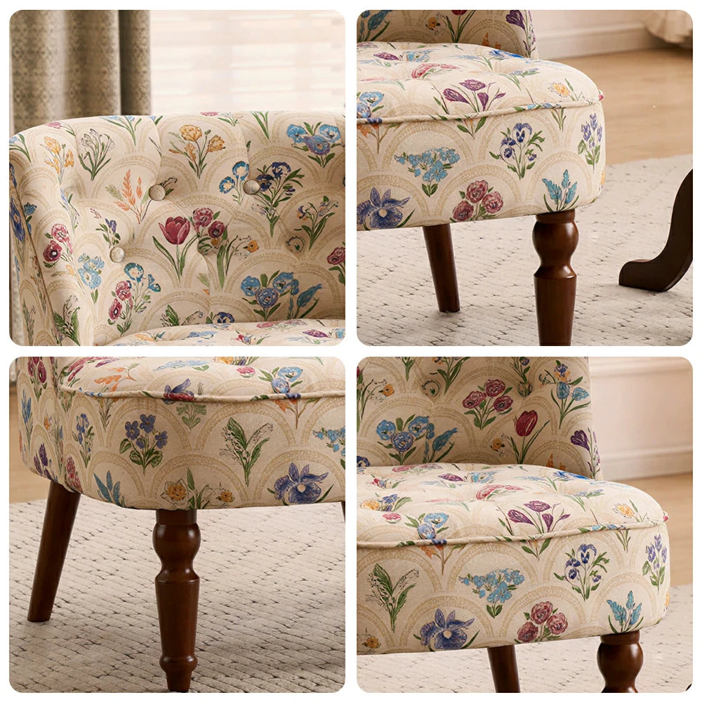 LIVARA Cotton Linen Accent Chair - Breathable Floral Single Sofa for Living Room - Blue Floral