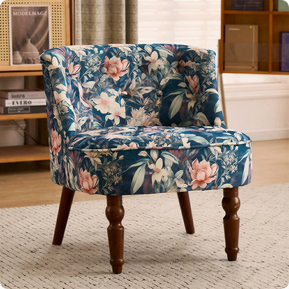 LIVARA Printed Velvet Accent Chair - Floral Single Sofa for Living Room - Dark Blue Floral