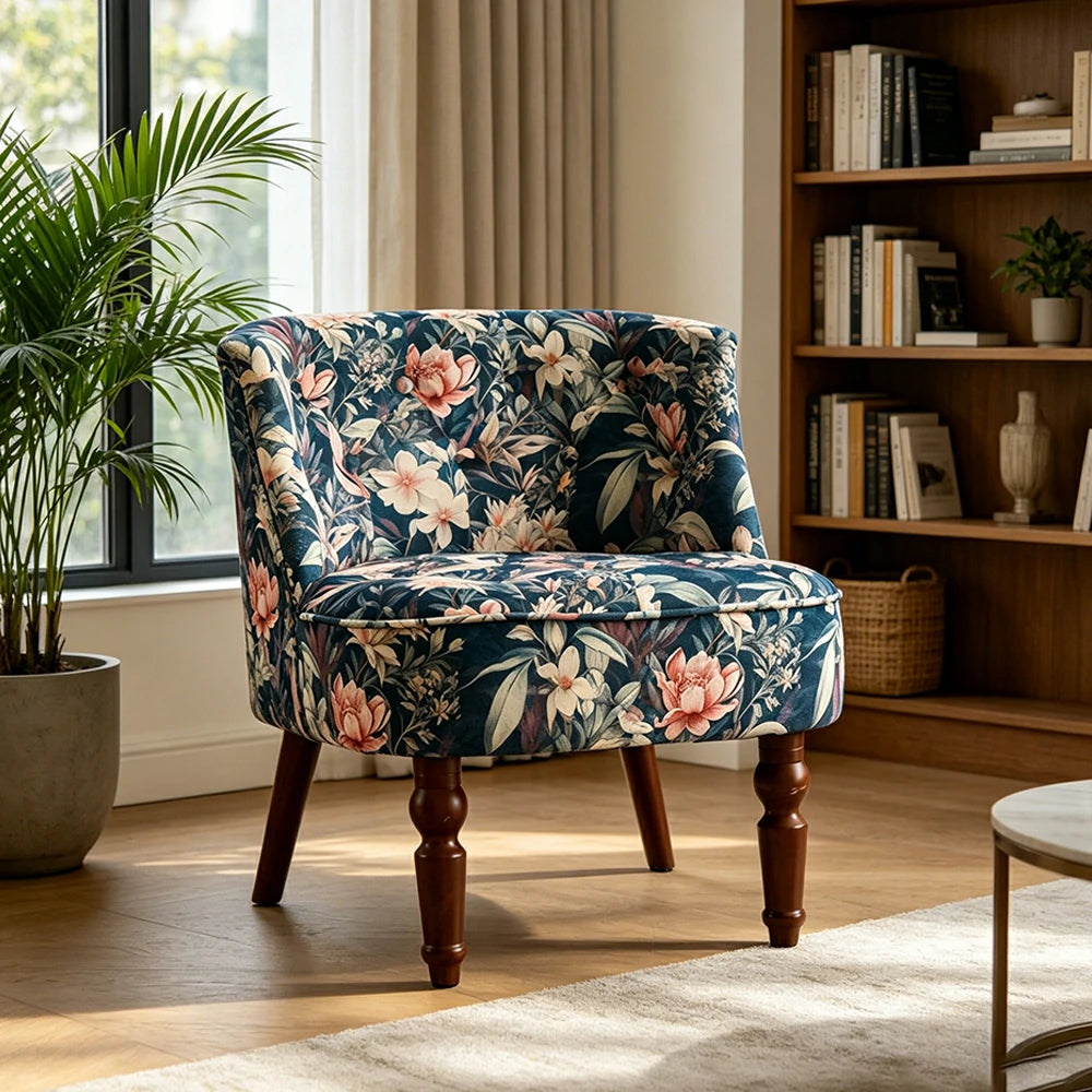 LIVARA Printed Velvet Accent Chair - Floral Single Sofa for Living Room - Dark Blue Floral