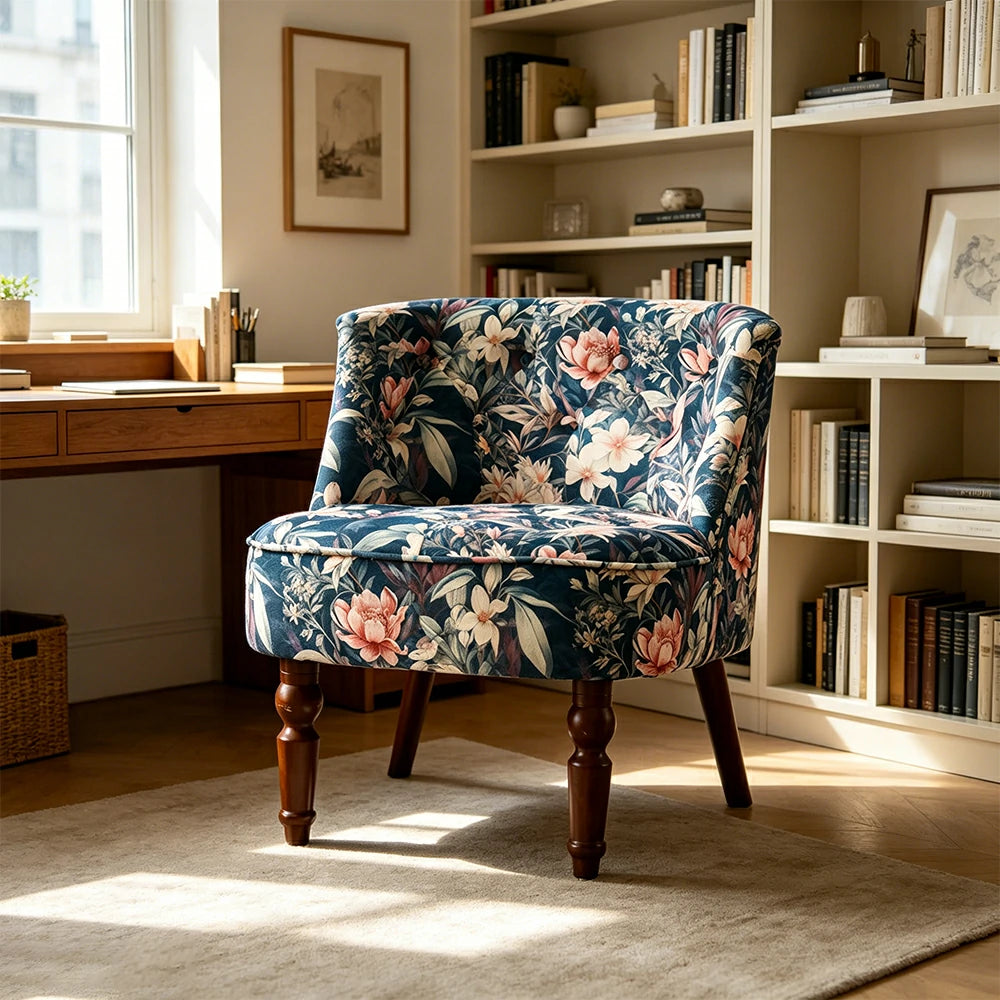 LIVARA Printed Velvet Accent Chair - Floral Single Sofa for Living Room - Dark Blue Floral