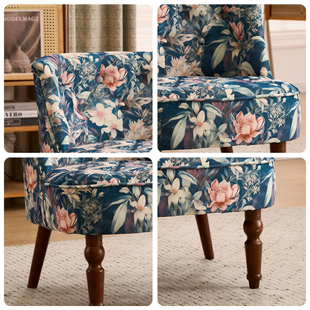 LIVARA Printed Velvet Accent Chair - Floral Single Sofa for Living Room - Dark Blue Floral